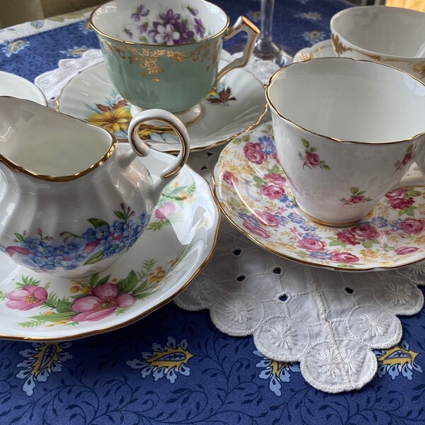 Vintage China Single TeaCups Saucers Creamer tea cup  for Mismatched Garden Tea Party  Made in England France Limoges Forget Me Nots