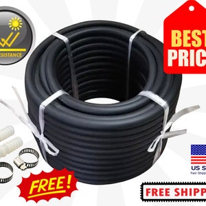 May include: Black rubber hose with two hose clamps and two white connectors. The hose is coiled and tied with a white string. The hose is UV resistant. Free shipping.