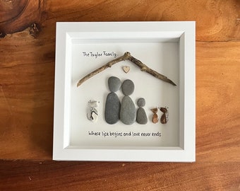 Family pebble art frame, home where life begins and love never ends, gift for moving. Friends and family
