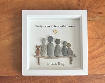 Family pebble art frame, home where life begins and love never ends, gift for moving. Friends and family