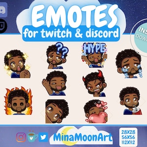 May include: A digital art graphic featuring a collection of emotes for Twitch and Discord. The emotes depict a Black person with various expressions, including surprise, confusion, and excitement. The image includes the text "EMOTES for twitch & discord" and "INSTANT DOWNLOAD".