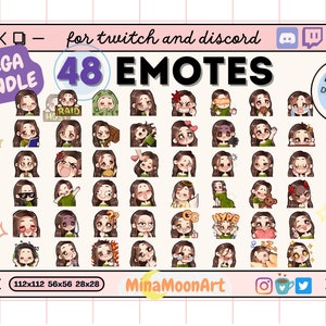 May include: A set of 48 animated emotes featuring a cartoon woman with brown hair. The emotes are in various poses and expressions, including happy, sad, surprised, and angry. The emotes are designed for use on Twitch and Discord. The text "MEGA BUNDLE" and "INSTANT DOWNLOAD" are also visible in the image.