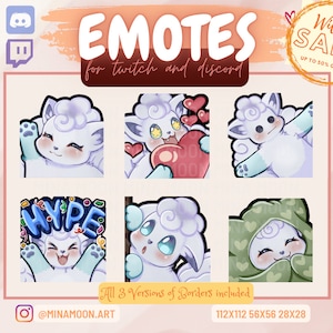 Puede incluir: Imagen promocional para emotes de Twitch y Discord. La imagen presenta seis emotes de ovejas de dibujos animados con varias expresiones, como saludar, sostener un corazón y usar una sudadera con capucha. El texto incluye "EMOTES for twitch and discord" y "Wild Sale up to 50% off!"