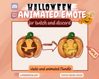 May include: A Halloween-themed digital art bundle featuring animated emotes for Twitch and Discord. The image showcases two orange jack-o'-lanterns with green stems, a witch's hat, and the text "HALLOWEEN ANIMATED EMOTE". Includes sizes 112x112, 56x56, and 28x28.