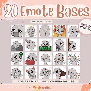 20 Emote Bases DIY, Emote Base Pack, Aangepaste Chibi Anime Emote-sjabloon voor Twitch, Discord, Youtube, Emote Bases Pack, Draw Emote Youself