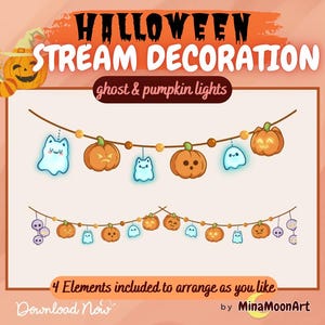 Könnte beinhalten: Digitales Halloween-Dekoration mit Lichterketten mit Cartoon-Kürbissen und Geistern. Der Text lautet "HALLOWEEN STREAM DECORATION" und "ghost & pumpkin lights". Enthält den Text "4 Elements included to arrange as you like" und "Download Now".