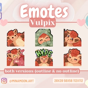 Puede incluir: Seis ilustraciones digitales de un Vulpix Pokémon en varias poses. Las ilustraciones son de estilo de dibujos animados y presentan un zorro rojo y naranja con una cola esponjosa. Las ilustraciones están disponibles en dos versiones: con y sin contorno. El texto "Emotes Vulpix" está en la parte superior de la imagen. El texto "both versions (outline & no outline)" está en la parte inferior de la imagen. El texto "28X28 56X56 112X112" también está en la parte inferior de la imagen.