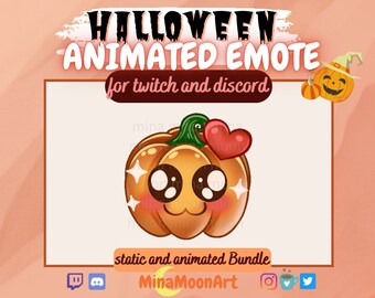 May include: A Halloween-themed animated emote for Twitch and Discord. The image features a cute, cartoon pumpkin with large eyes, a red heart, and sparkling accents. Text includes "HALLOWEEN ANIMATED EMOTE" and "static and animated Bundle."