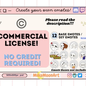 KOMMERZIELLE LIZENZ für 12x DIY Emote Basen Version 2, Emote Base Pack, Benutzerdefinierte Chibi Anime Emote Vorlage Twitch, Discord, Emote Basen Pack