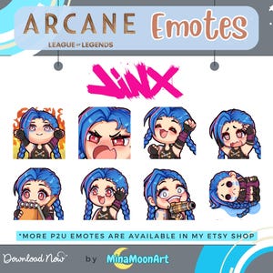 以下が含まれることがあります： リーグ・オブ・レジェンドのキャラクター、ジンクスのデジタル絵文字のコレクション。怒り、喜び、悲しみなど、さまざまな感情を表現しています。「ARCANE Emotes」と「Jinx」の文字が表示されています。