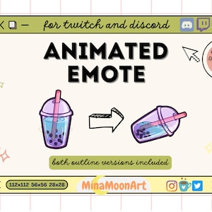 Op de afbeelding: Geanimeerde emote van een paarse en roze boba-thee met zwarte tapiocaparels. De emote is beschikbaar in verschillende formaten, waaronder 112x112, 56x56 en 28x28 pixels. De tekst "INSTANT DOWNLOAD" staat in een roze cirkel aan de rechterkant van de afbeelding.