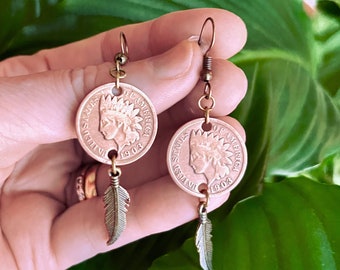 Authentic Antique 1903 Copper Indian Head Penny Dangle Earrings