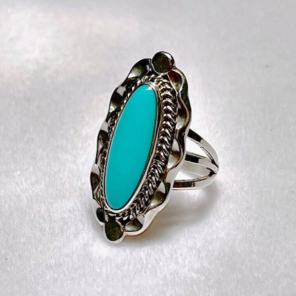 Navajo Samuel Yellowhair Braided Etched Sterling Silver Turquoise Ring Size 5.5