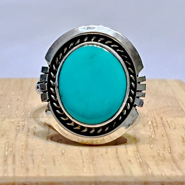 Signed Navajo Sterling Silver Turquoise Ring by Samuel Yellowhair Size 7.5