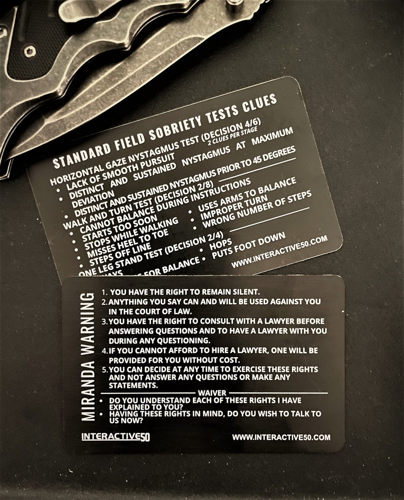 Interactive 50 Laser Etched Miranda Rights & Sobriety Test Card - Dual Sided Aluminum Credit Card Size - View #9