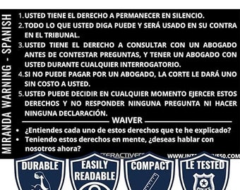 Carta dei diritti Miranda in metallo spagnolo/inglese - 2 lati