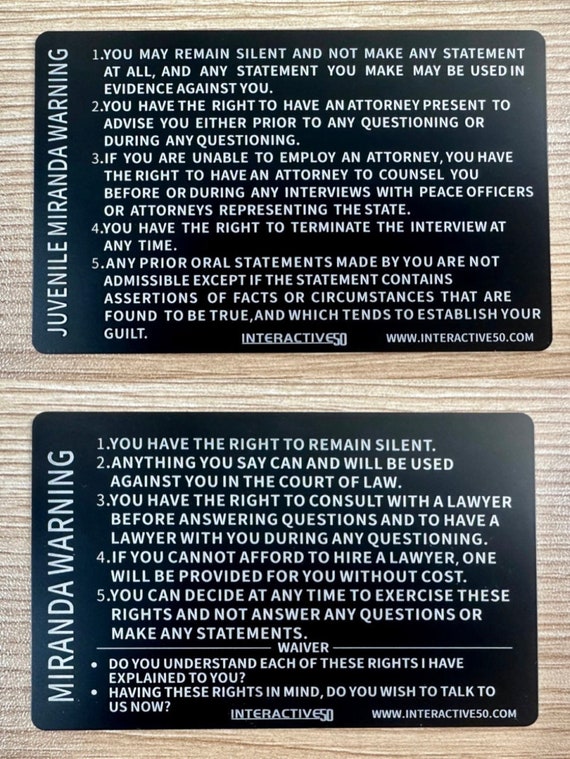 Interactive 50 Laser Etched Miranda Card – Dual-Sided English/Spanish, Credit Card Size, First Responder Approved