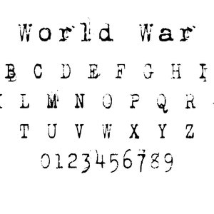 May include: A black and white image featuring the words "World War" in a typewriter font, along with the alphabet and numbers 0-9. The text has a vintage, distressed appearance.