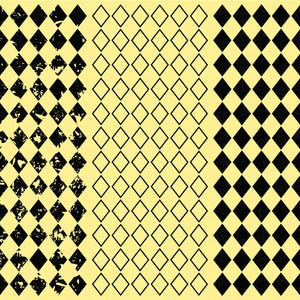 Puede incluir: Tres patrones diferentes de formas de diamantes negros y amarillos. El primer patrón tiene un aspecto desgastado y descolorido. El segundo patrón es limpio y nítido. El tercer patrón es sólido y audaz.