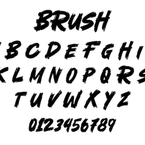 May include: A black and white alphabet and number font with a brush stroke effect. The font is called "Brush".