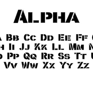 May include: A black and white alphabet font with the word "ALPHA" at the top. The font is bold and blocky, with a slight slant to the letters.