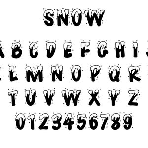 Può includere: Alfabeto e numeri in bianco e nero con un design innevato e invernale. Le lettere e i numeri sono stilizzati con un effetto di neve che cola. La parola "SNOW" è in cima all'immagine.