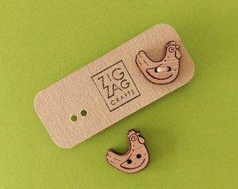 Chicken wooden button - hen pin - quirky sew on tag