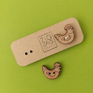 Chicken wooden button - rooster pin - quirky sew on tag