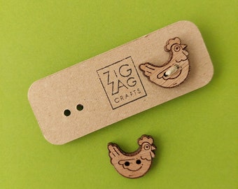 Chicken wooden button - rooster pin - quirky sew on tag