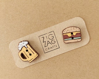 Beer and burger button set- burger pin - quirky sew on tags