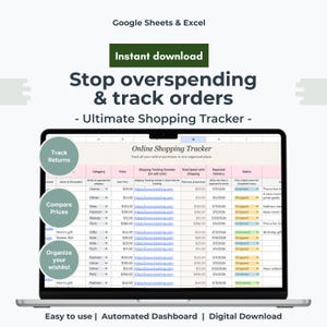 Puede incluir: Una pantalla de portátil muestra una hoja de cálculo titulada "Online Shopping Tracker". La hoja de cálculo incluye columnas para el precio, el envío y el estado. El texto en la pantalla dice "Stop overspending & track orders". La imagen también incluye el texto "Instant download".