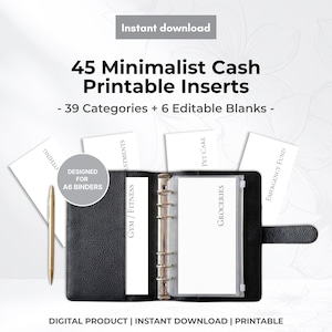 May include: A black A6 binder with minimalist cash printable inserts. The inserts are labeled with categories like "Groceries" and "Emergency Fund." The image includes the text "Instant download" and "Digital product | Instant download | Printable."