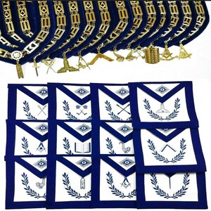 Masonic Regalia Aprons Blue Lodge Officers 12  Blue Backing Chain Collar Golden