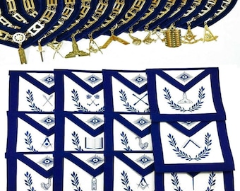 Masonic Regalia Schürzen Blaue Loge Offiziere 12 Blaue Unterstützung Kette Kragen Golden