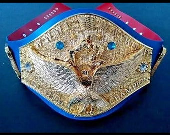 May include: A gold and blue wrestling championship belt with a winged eagle design and the words "World Wrestling Federation Champion" on the side.