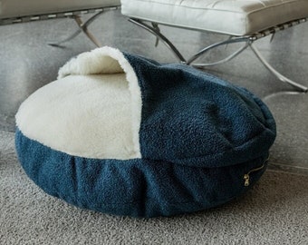 Cave dog bed Blue boucle Large dog round bed Anti anxiety Donut pet bed Washable puppy bed with cover