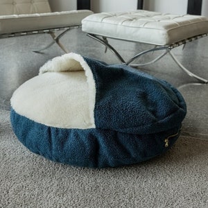 Cave dog bed Blue boucle Large dog round bed Anti anxiety Donut pet bed Washable puppy bed with cover Blue