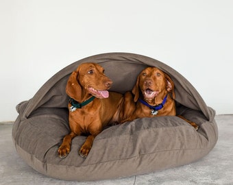 Calming cave dog bed bug, soft smooth interior, luxury round puppy bed, washable cover with support arch