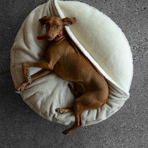 Cave dog bed Blue boucle Large dog round bed Anti anxiety Donut pet bed Washable puppy bed with cover White