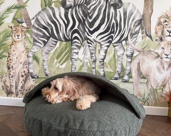 Dog Cave Bed, Bouclé, Washable, Hooded Design for Dogs