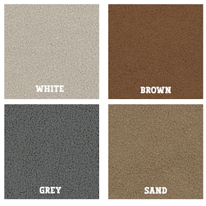 Pu&ograve; includere: Quattro quadrati strutturati nei colori bianco, marrone, grigio e sabbia. Ogni quadrato ha una superficie ruvida e macchiettata. I colori sono etichettati con testo bianco in grassetto: "WHITE", "BROWN", "GREY" e "SAND".