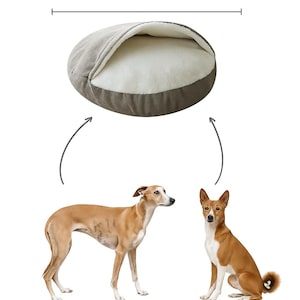 May include: A large, round dog bed with a diameter of 39 inches. The bed is gray on the outside and white on the inside. Two dogs are shown below the bed, illustrating the bed's size and use.