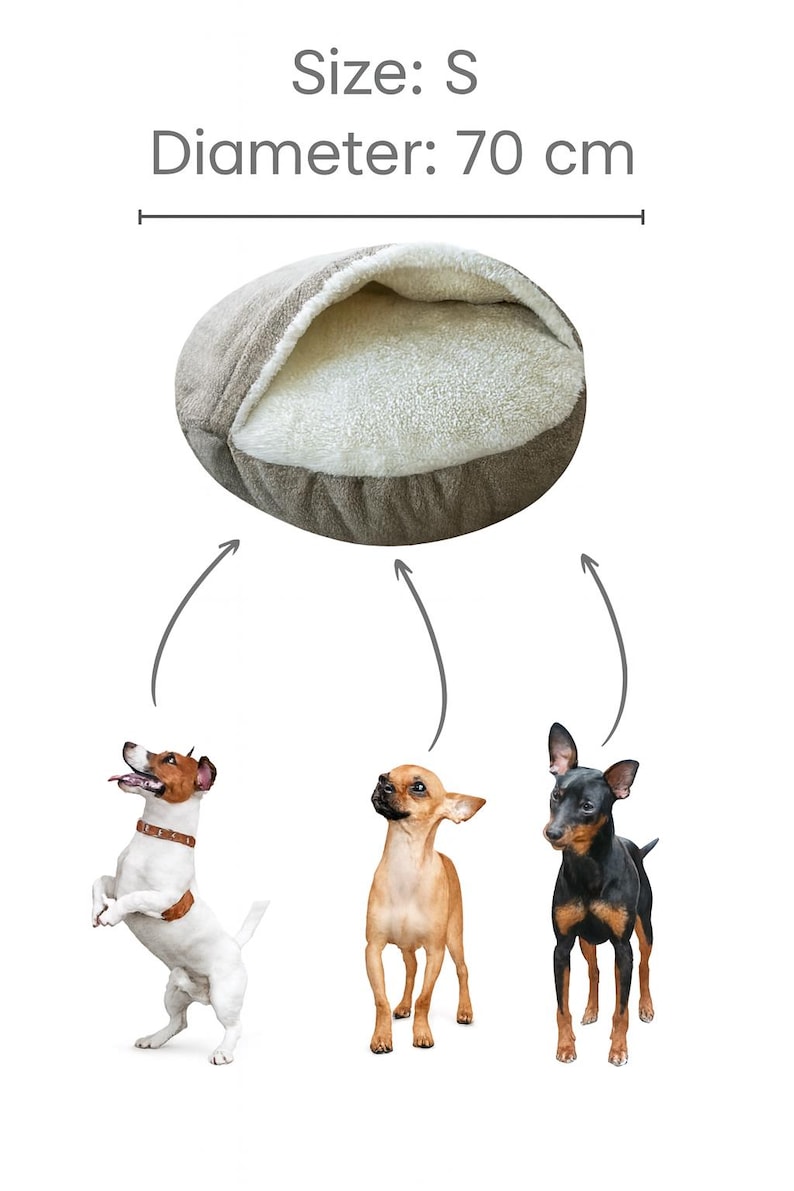 May include: A small, S-sized dog bed with a 70 cm diameter. The bed is a light brown color with a soft, white interior. Three small dogs are pictured below the bed, demonstrating the bed's size.