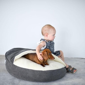 May include: A gray dog bed with a soft, cream-colored interior. A brown dachshund dog is inside the bed. A young child is sitting next to the bed, petting the dog. The bed is oval-shaped and has a hood.