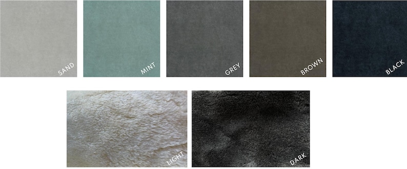 May include: A collection of fabric swatches in various colors, including sand, mint, grey, brown, and black. The image also features a light and dark textured fabric. Each swatch is labeled with its corresponding color name in white text.