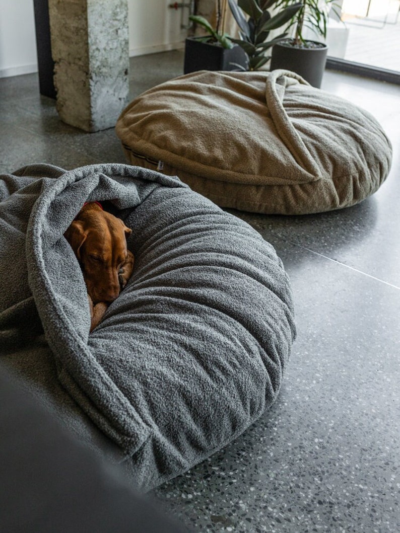 Pu&ograve; includere: Un cane marrone riposa all'interno di un letto grigio con cappuccio per animali domestici. Il letto &egrave; realizzato in un materiale morbido e strutturato. Un altro letto rotondo e beige per animali domestici &egrave; sullo sfondo. I letti sono su un pavimento di cemento grigio.