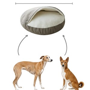 May include: A large, round dog bed with a diameter of 39 inches. The bed is gray on the outside and white on the inside. Two dogs are shown below the bed, illustrating the bed's size and use.