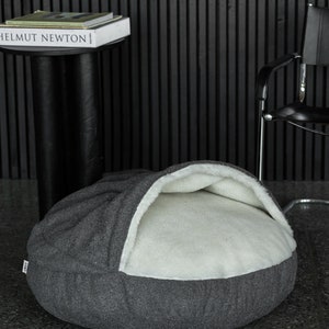 Cave dog bed Blue boucle Large dog round bed Anti anxiety Donut pet bed Washable puppy bed with cover Grey