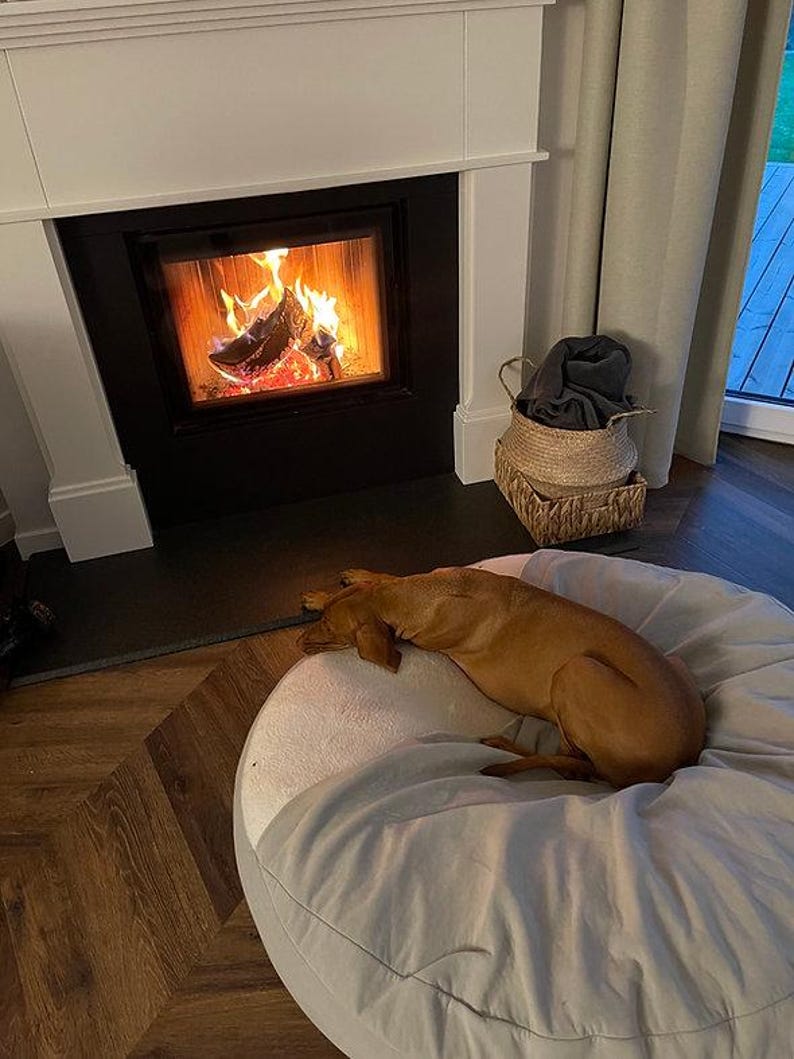 May include: A brown dog resting on a large, white beanbag chair in front of a fireplace. The fireplace has a black interior and a white mantel. Flames are visible inside the fireplace. A woven basket with a dark blanket sits nearby.