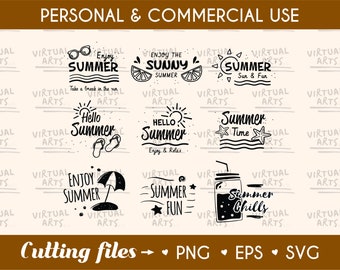 Könnte beinhalten: Ein Set mit 8 schwarzen und weißen SVG-Schnittdateien zum Thema Sommer. Die Designs beinhalten Sätze wie "Genieße den Sommer", "Hallo Sommer" und "Sommerzeit".